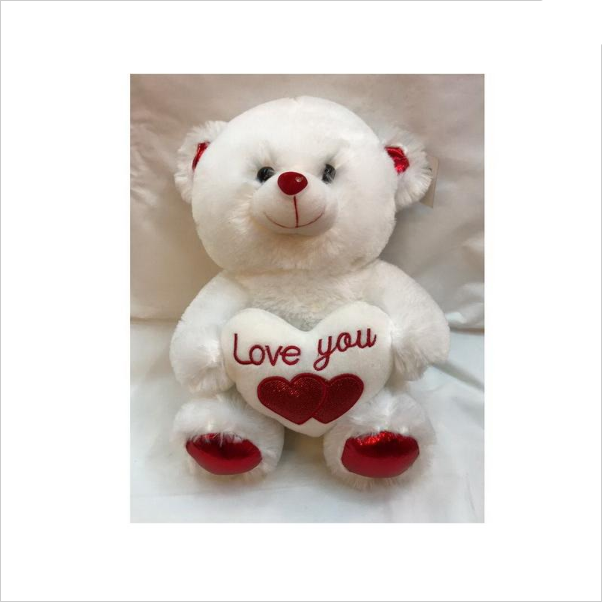 Valentines Plush White Bear with Heart - 28cm - The Base Warehouse