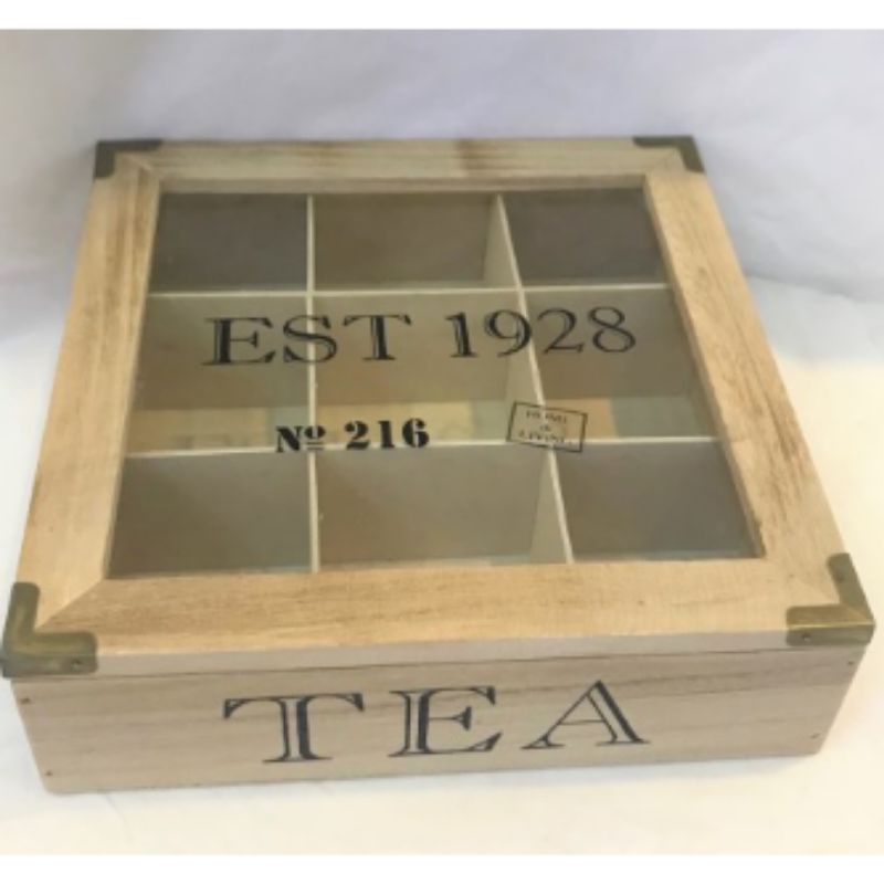 9 Section Wooden Tea Box - 24cm x 24cm x 7cm