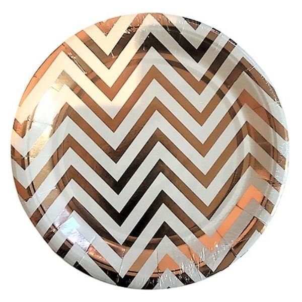 10 Pack Large Rose Gold Chevron Paper Plates - The Base Warehouse