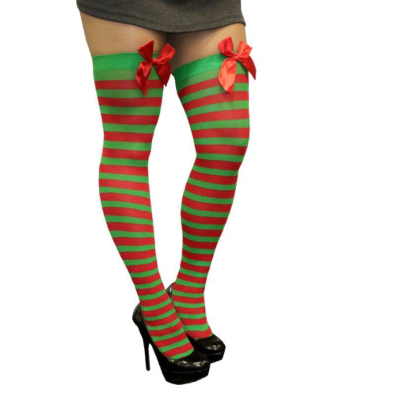 Womens Stripy Knee High Stocking with Red Bow - The Base Warehouse