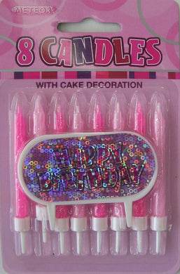 8 Pack Glitz Pink Candles with Cake Decoration - The Base Warehouse