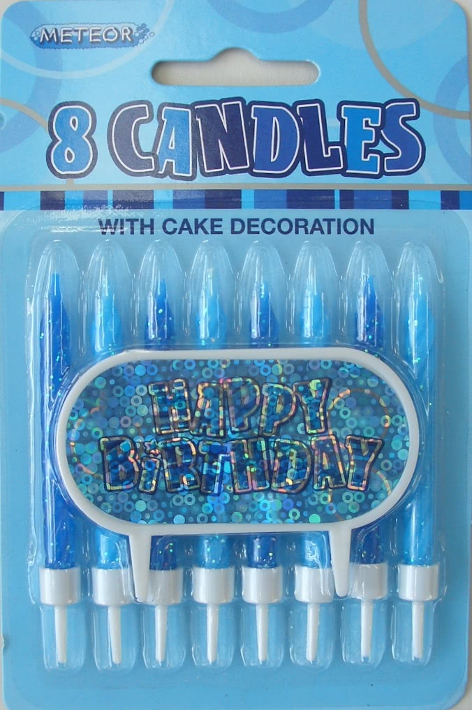 8 Pack Glitz Blue Candles with Happy Birthday Decoration