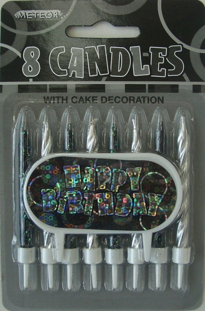 8 Pack Glitz Black Candles with Happy Birthday Decoration