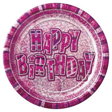 6 Pack Glitz Pink Happy Birthday Paper Plates - 23cm - The Base Warehouse