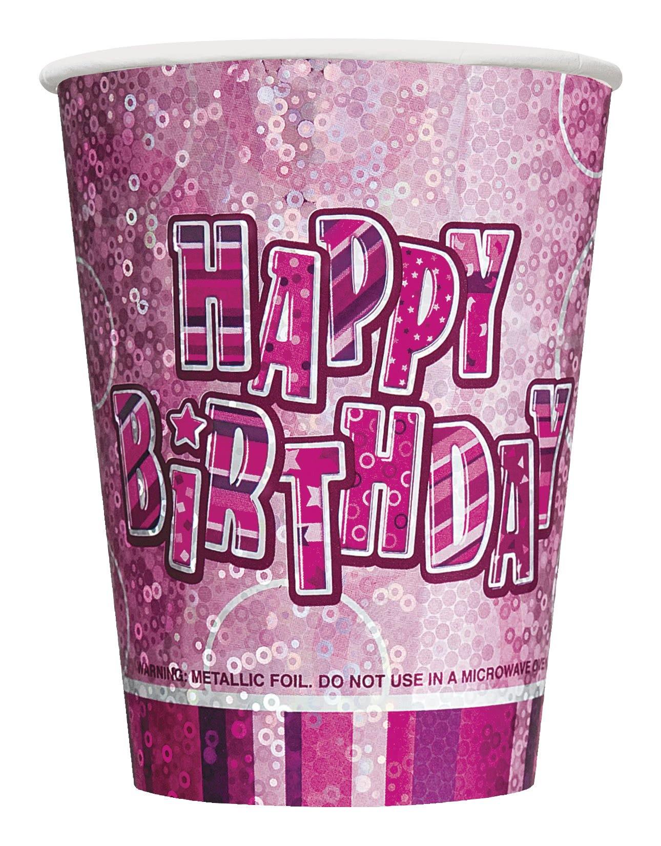 6 Pack Glitz Pink Happy Birthday Paper Cups - 270ml