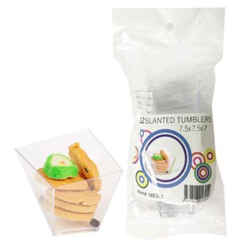 12 Pack Clear Plastic Slanted Tumblers - 7.5cm x 7.5cm x 7cm