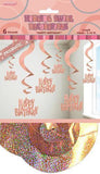 Load image into Gallery viewer, 6 Pack Glitz Rose Gold Prismatic Happy Birthday Hanging Swrils - 66cm - The Base Warehouse
