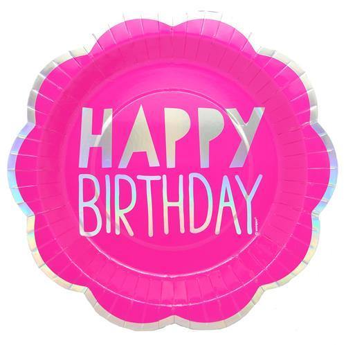 10 Pack Neon Pink Happy Birthday Plates - 20cm - The Base Warehouse