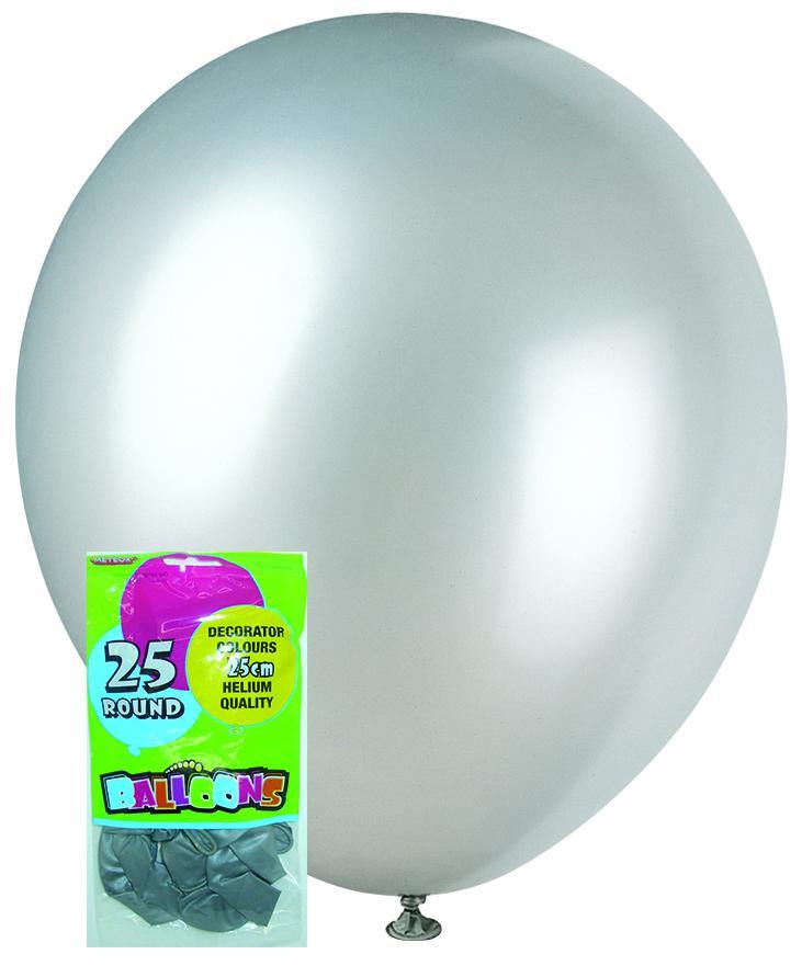 25 Pack Silver Metallic Latex Balloons - 25cm