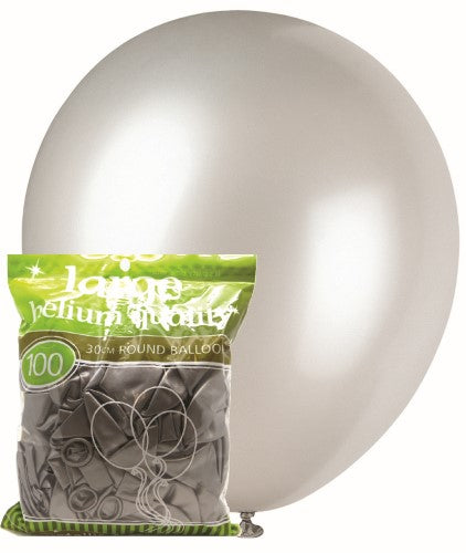100 Pack Silver Metallic Latex Balloons - 30cm - The Base Warehouse