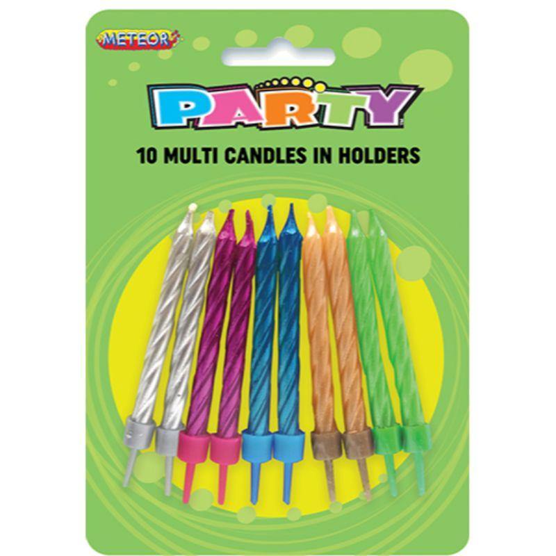 10 Pack Metallic Coloured Spiral Candles in Holders - The Base Warehouse