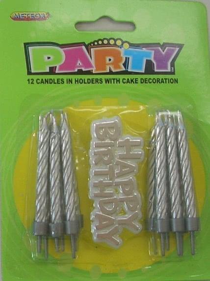 12 Pack Silver Candles in Holders with Cake Decoration - The Base Warehouse