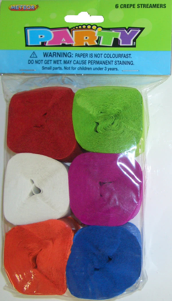 6 Pack Assorted Colours Crepe Streamers - 3.5cm W x 12m L