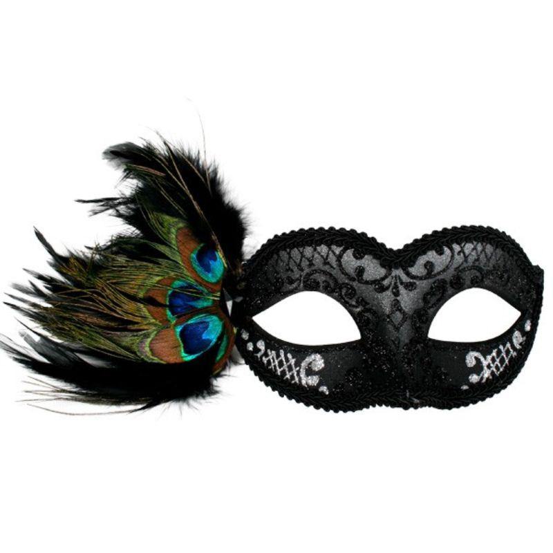 Adrianna Black & Silver Eye Mask with Peacock Feather - The Base Warehouse