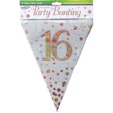 16th Birthday Sparkling Fizz Rose Gold Flag Bunting - 3.9m - The Base Warehouse