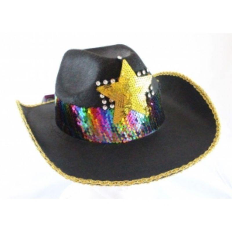 Black Cowboy Hat with Rainbow Sequin Headband & Gold Star - The Base Warehouse