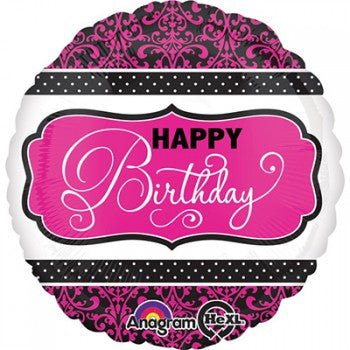 Happy Birthday Filigree Pink Black & White Foil Balloon - 45cm