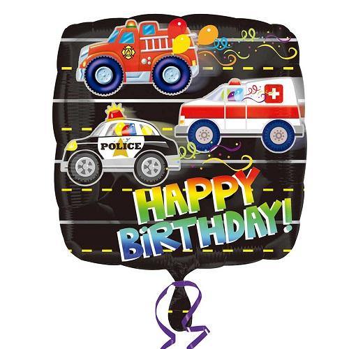 Happy Birthday Fire Truck & Police Car Foil Balloon - 45cm - The Base Warehouse