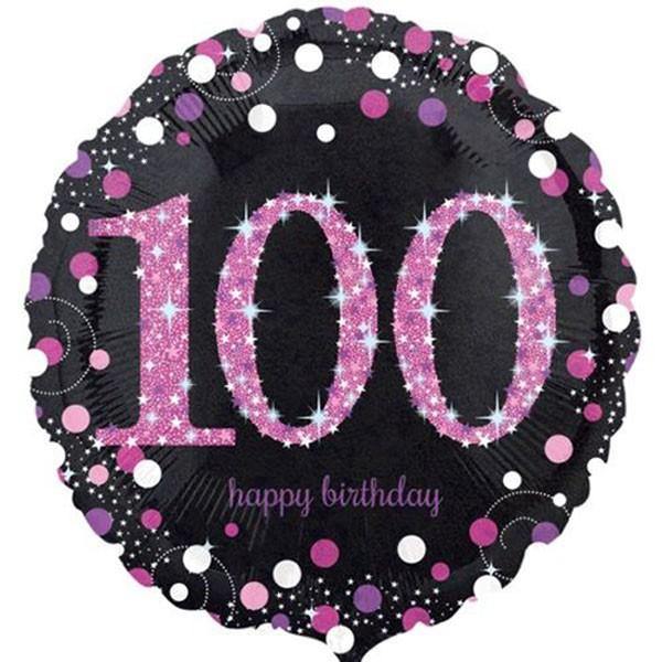 100th Birthday Pink Holographic Foil Balloon - 45cm - The Base Warehouse