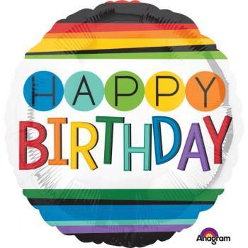 Happy Birthday Multicoloured Stripes Foil Balloon - 45cm - The Base Warehouse