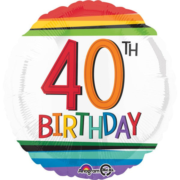 40th Birthday Rainbow Stripe Foil Balloon - 45cm