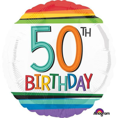 50th Birthday Rainbow Stripe Foil Balloon - 45cm - The Base Warehouse
